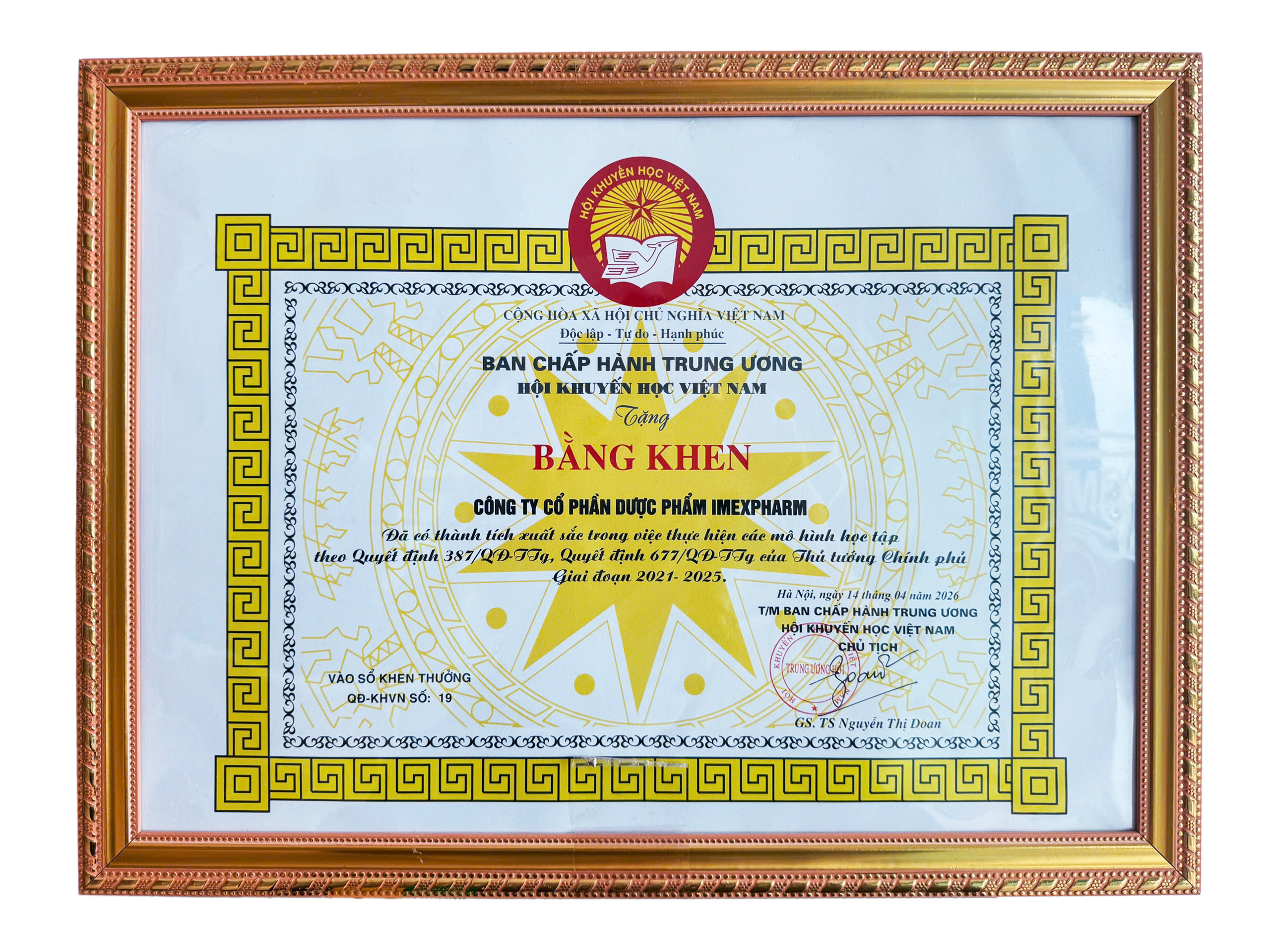 Bằng khen "Đã có thành tích xuất sắc trong việc thực hiện các mô hình học tập theo Quyết định 387/QĐ-TTg của Thủ tướng Chính phủ giai đoạn 2021-2025"