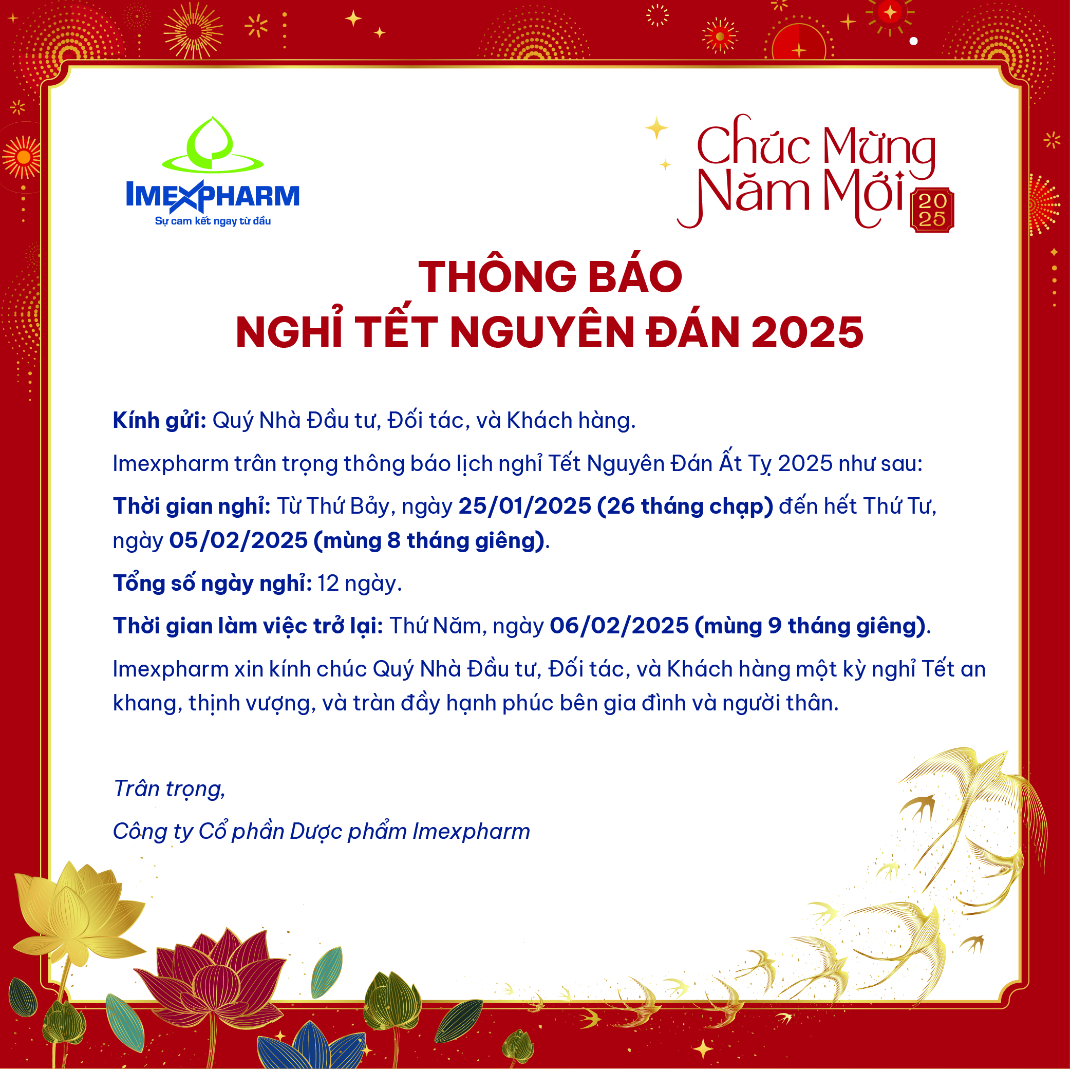 Imexpharm thông báo nghỉ Tết Nguyên Đán Ất Tỵ 2025